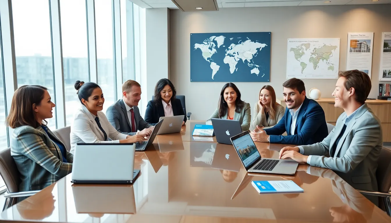team of real estate professionals collaborating in a modern office setting.