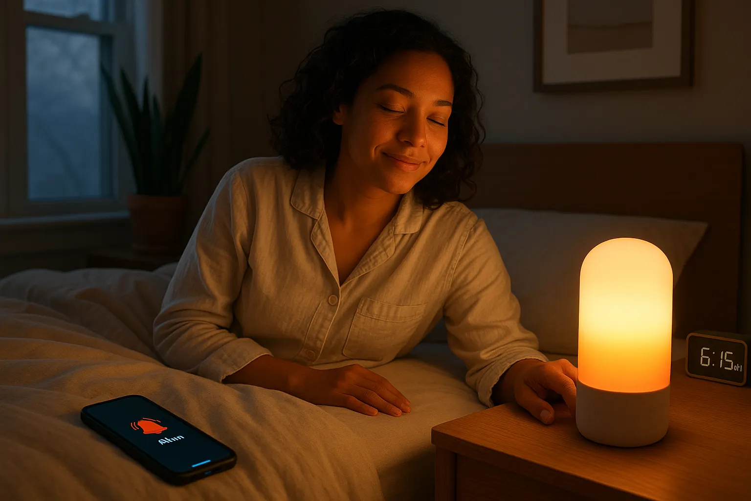 A woman peacefully waking to a gradual sunrise alarm lamp by her bedside.