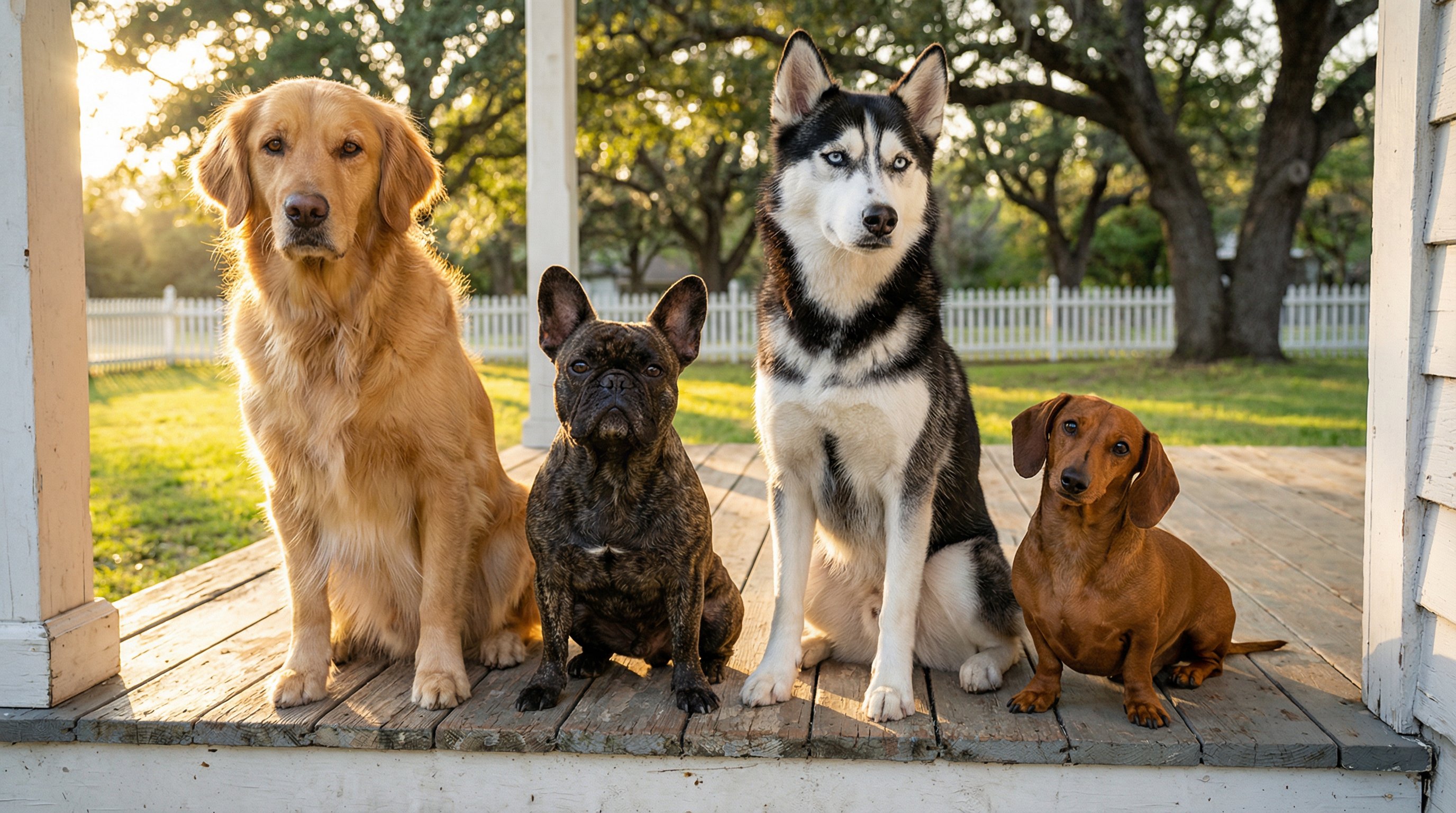 Four different dog breeds sitting together on a sunlit porch.