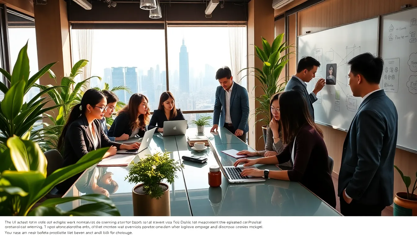 diverse digital nomads collaborating in a modern co-working space in Taipei.