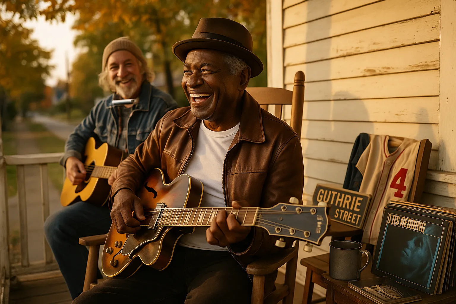 Two musical older men on a sunlit American porch, one soulful, one folk-cool.