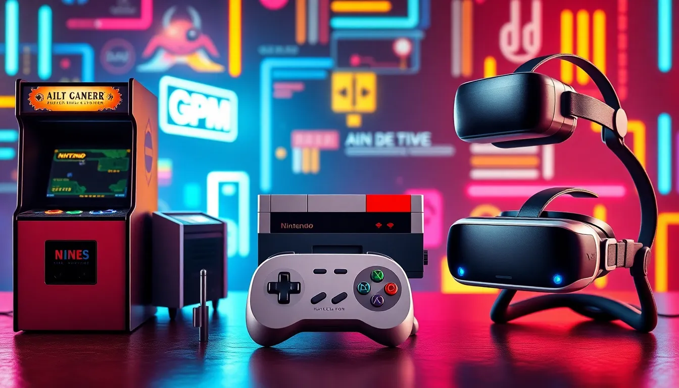 A timeline showcasing the evolution of gaming gadgets from arcade machines to VR headsets.