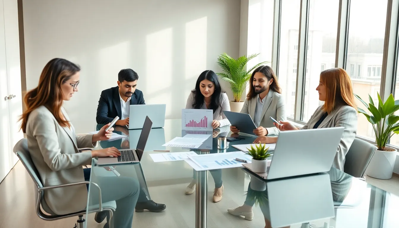 diverse team discussing freelancer financials in a modern office.