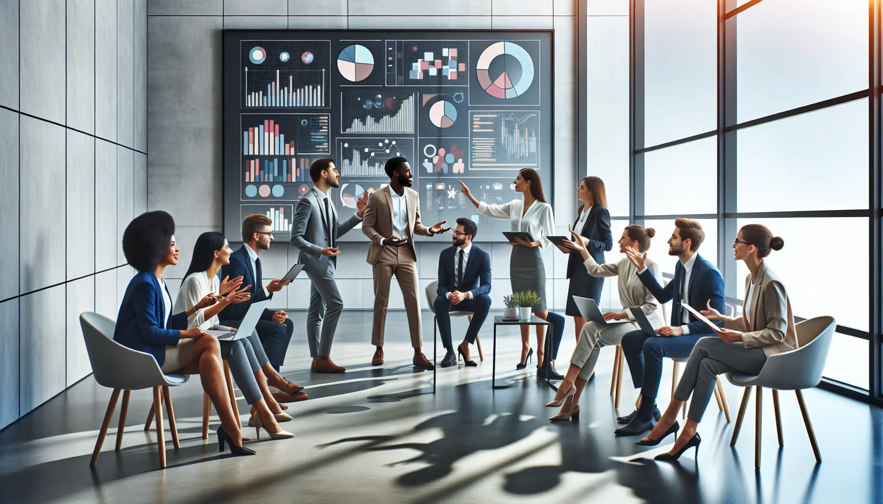 diverse professionals collaborating in a modern office setting.