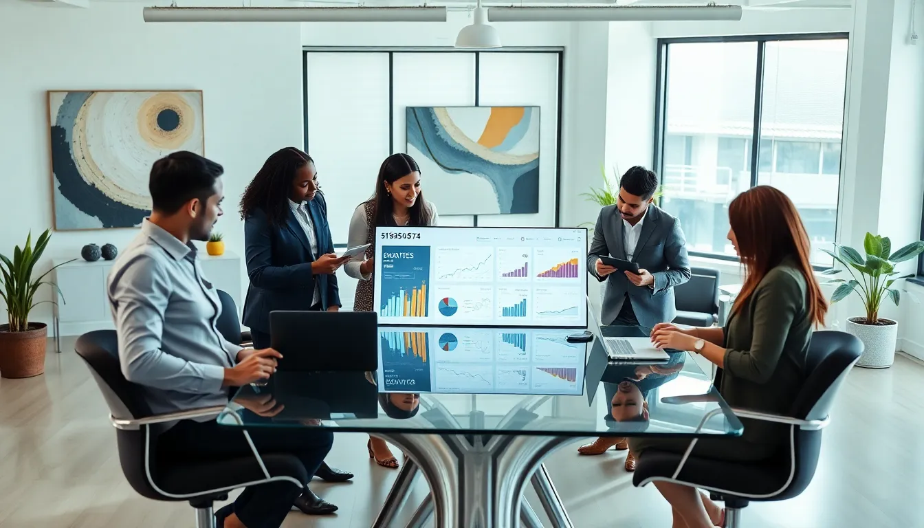 diverse team analyzing data in a modern office.