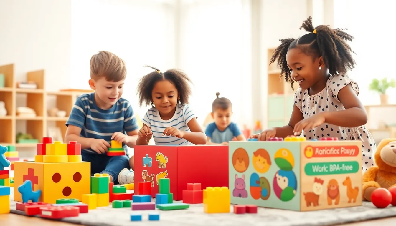 children playing with safe toys in a bright playroom.