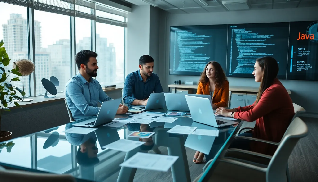 diverse developers collaborating on Java programming in a modern office.