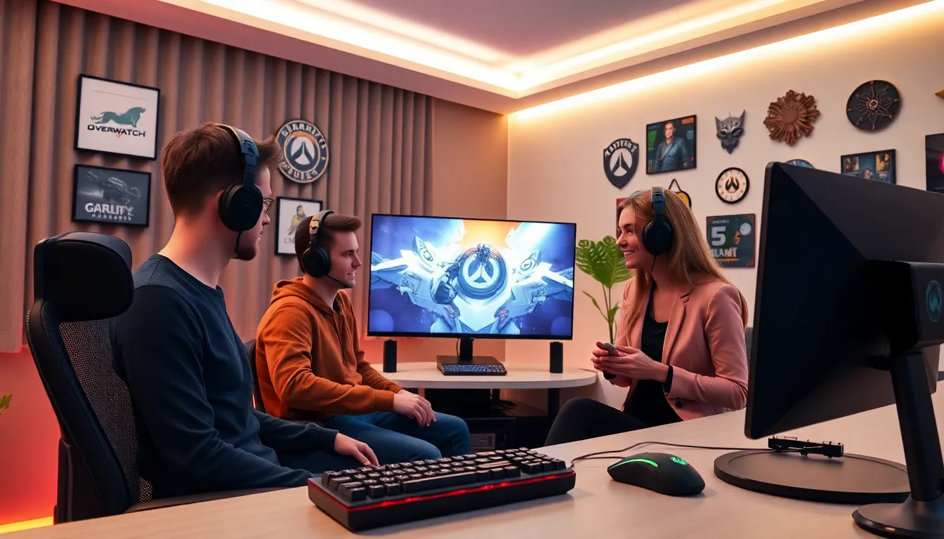 diverse gamers in a modern gaming room enjoying Overwatch.