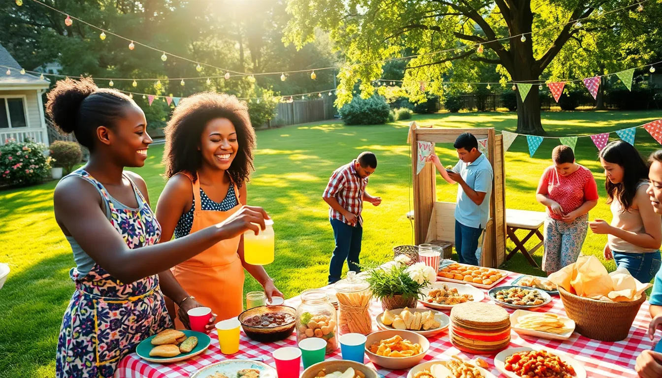 A group of friends enjoying a homemade picnic in a sunny backyard.