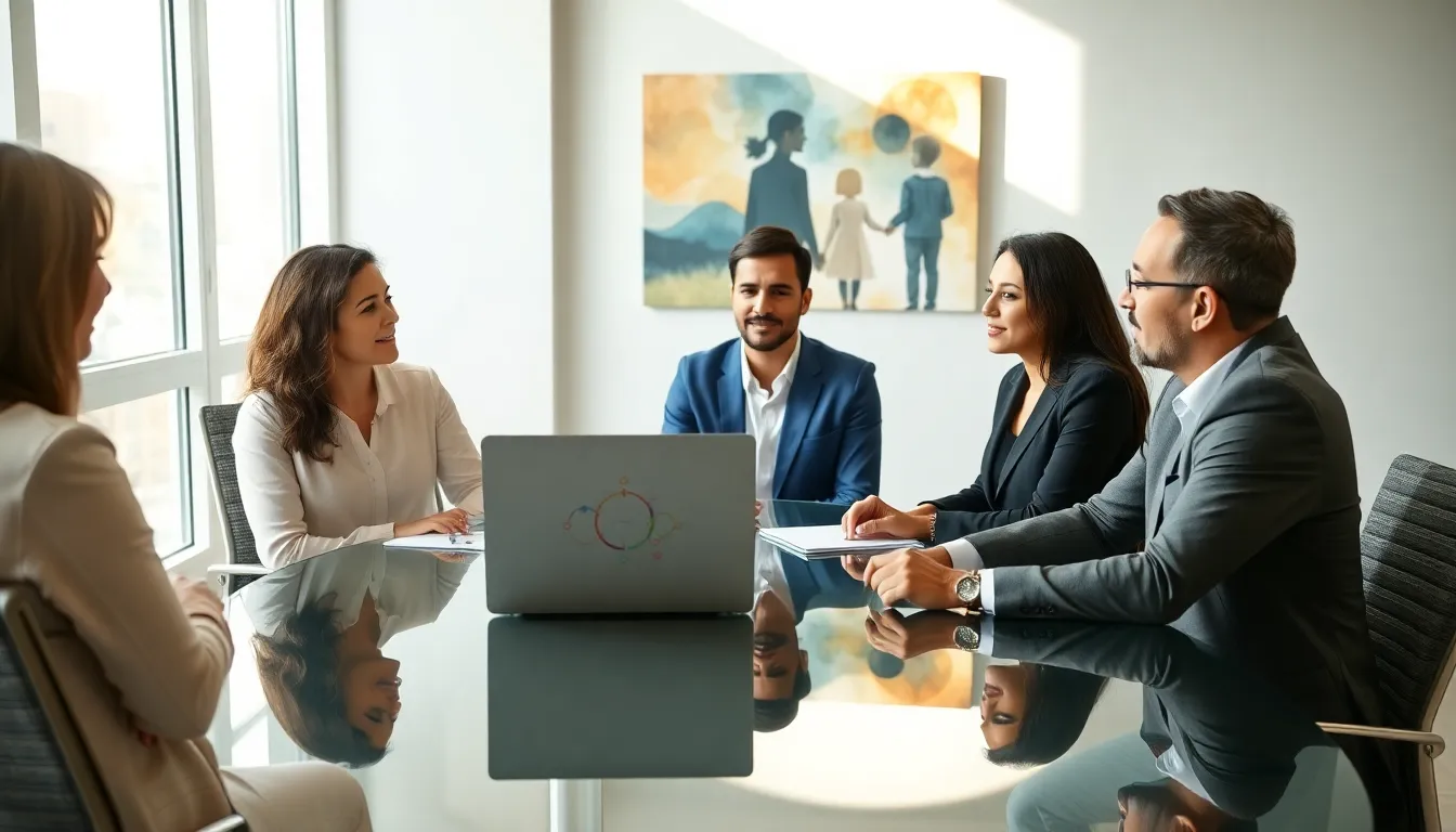 diverse professionals discussing family separation issues in an office.