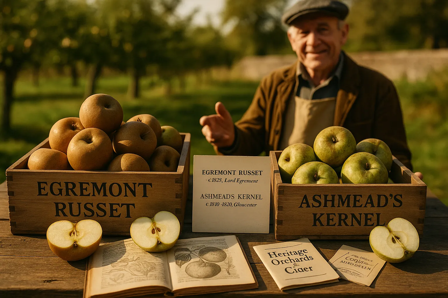 Two labeled crates comparing Egremont Russet and Ashmead’s Kernel apples.