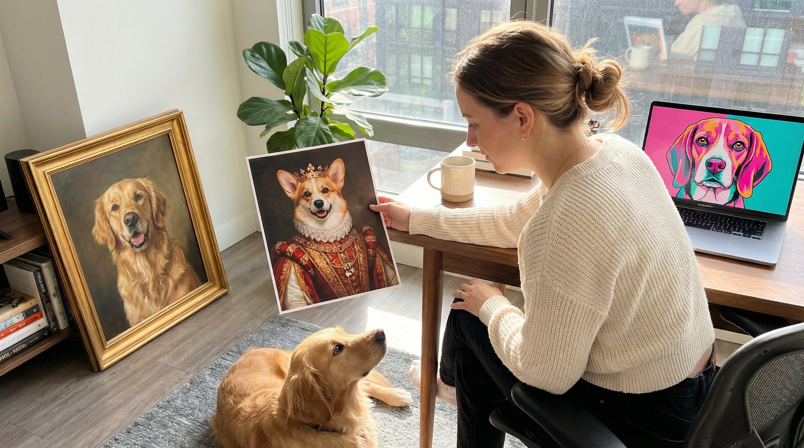 Woman comparing various custom pet portraits on a desk with her dog nearby.