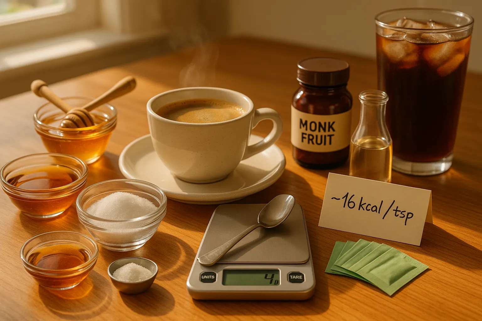 morning coffee surrounded by small bowls of alternative sweeteners and a 4g teaspoon