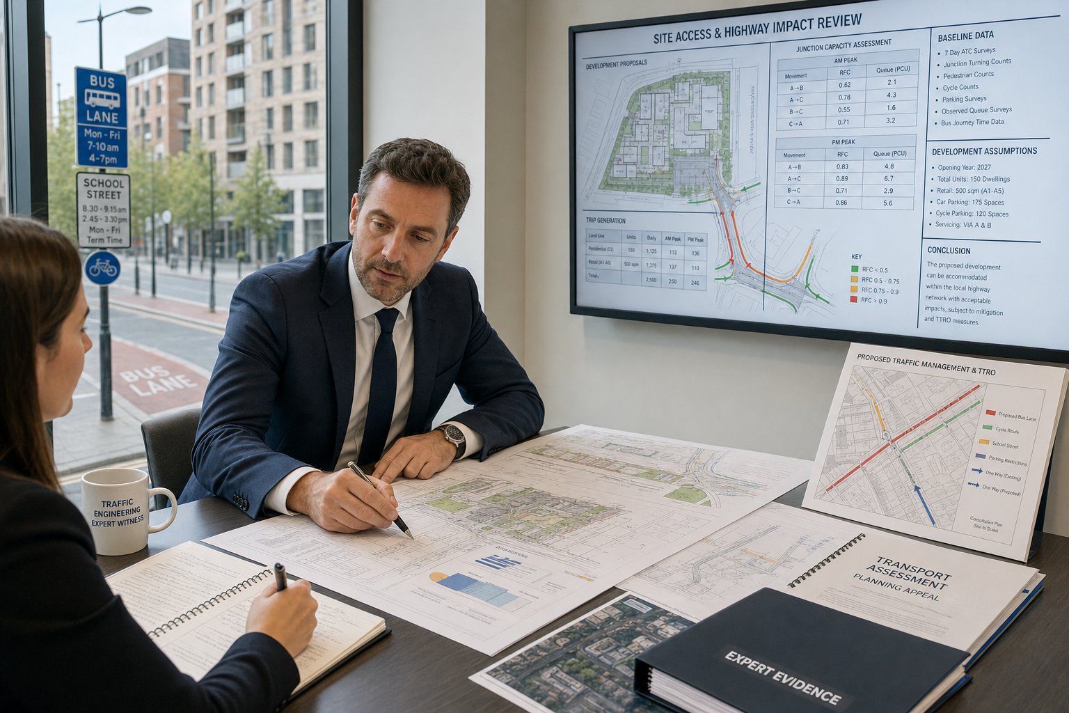 Traffic engineering expert reviewing planning appeal evidence in a modern UK office.