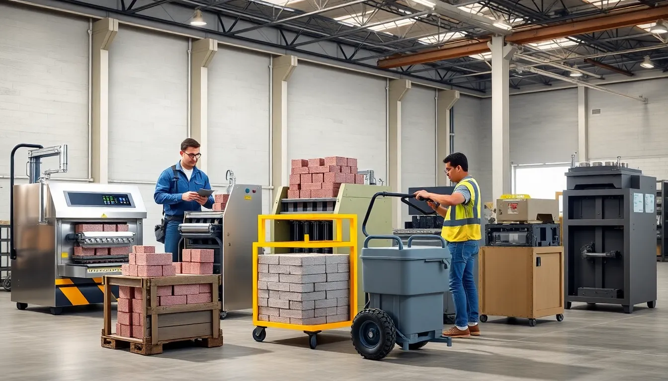 various modern block making machines in a US factory with workers operating them