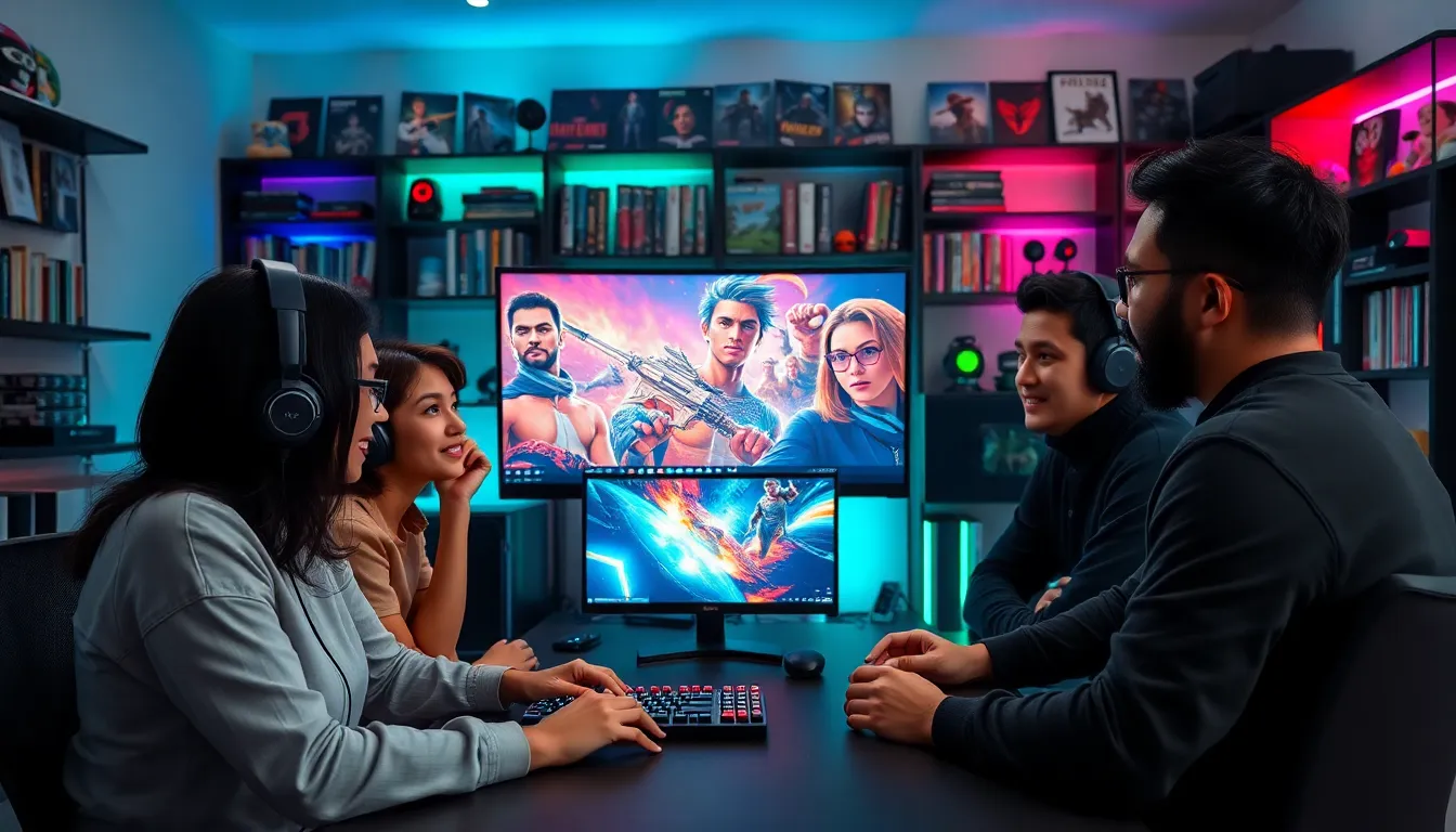 diverse group of gamers discussing gaming mods in a modern workspace.