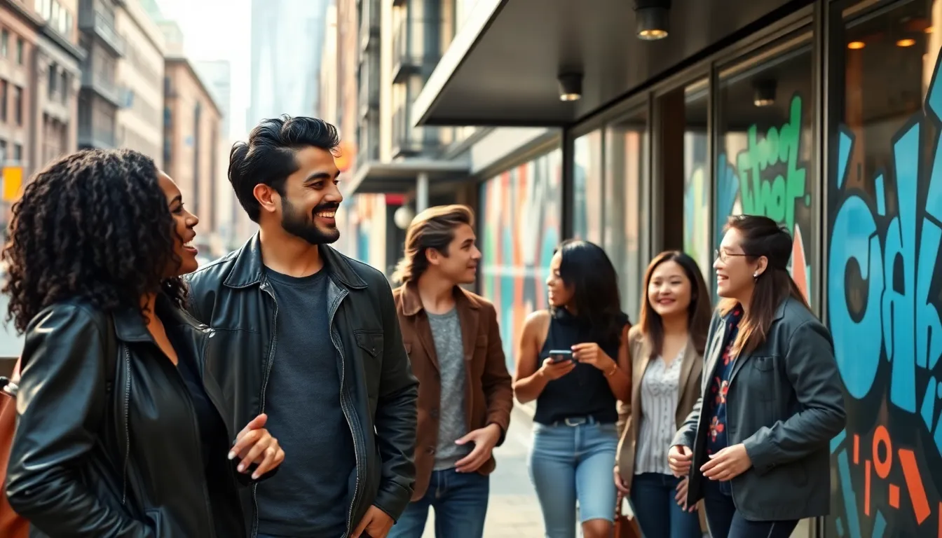 diverse people engaging in conversation on a city street.