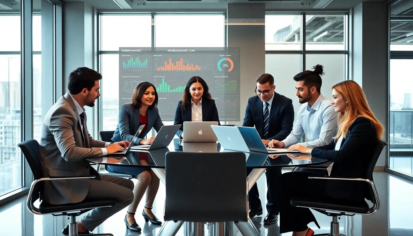 diverse team collaborating in a modern office with digital tools.