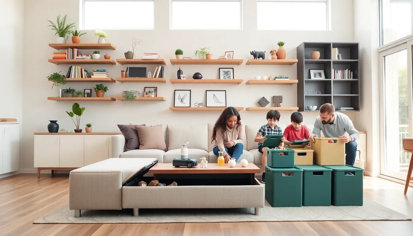 A family organizing toys in a modern living room with storage solutions.