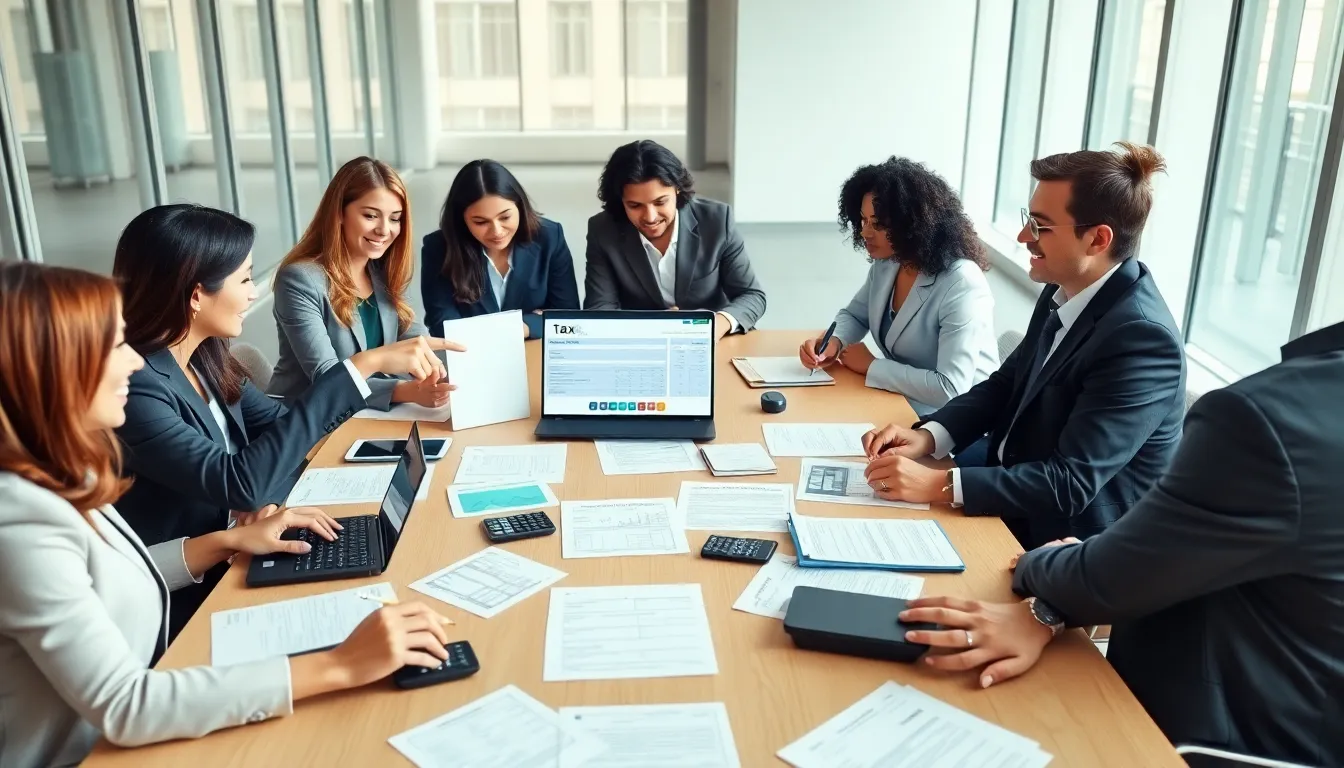 professionals discussing tax deductions in a modern office setting.