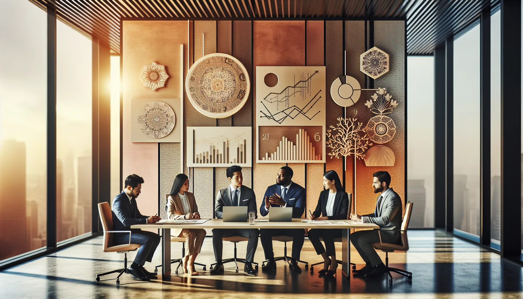 diverse team discussing the concept of &iota;&epsilon;&phi;&iota;&mu;&alpha;&rho;&iota;&delta;&alpha; in a modern office.