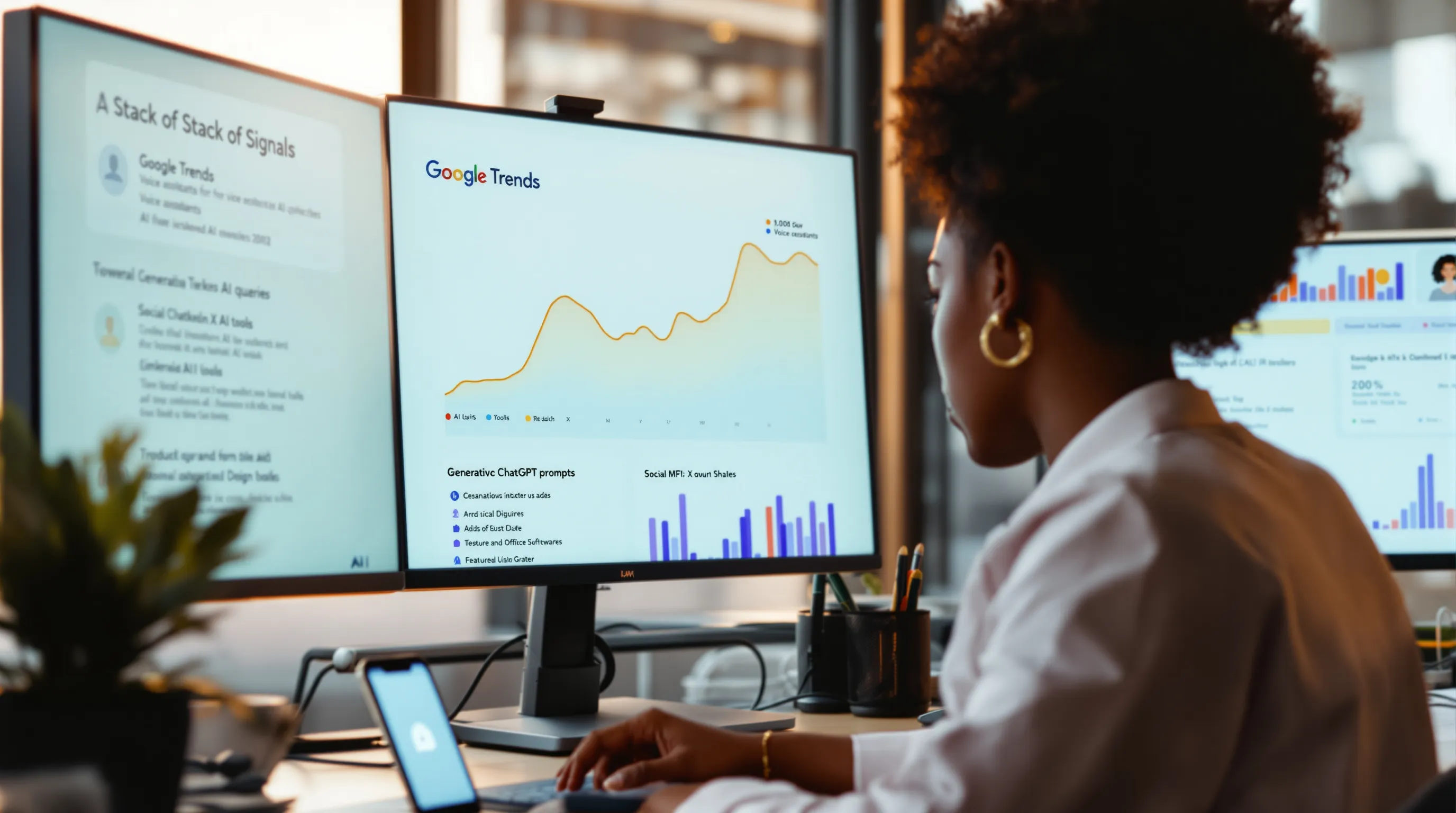 Analyst reviews AI trend spikes, usage dashboards, and media signals in office.