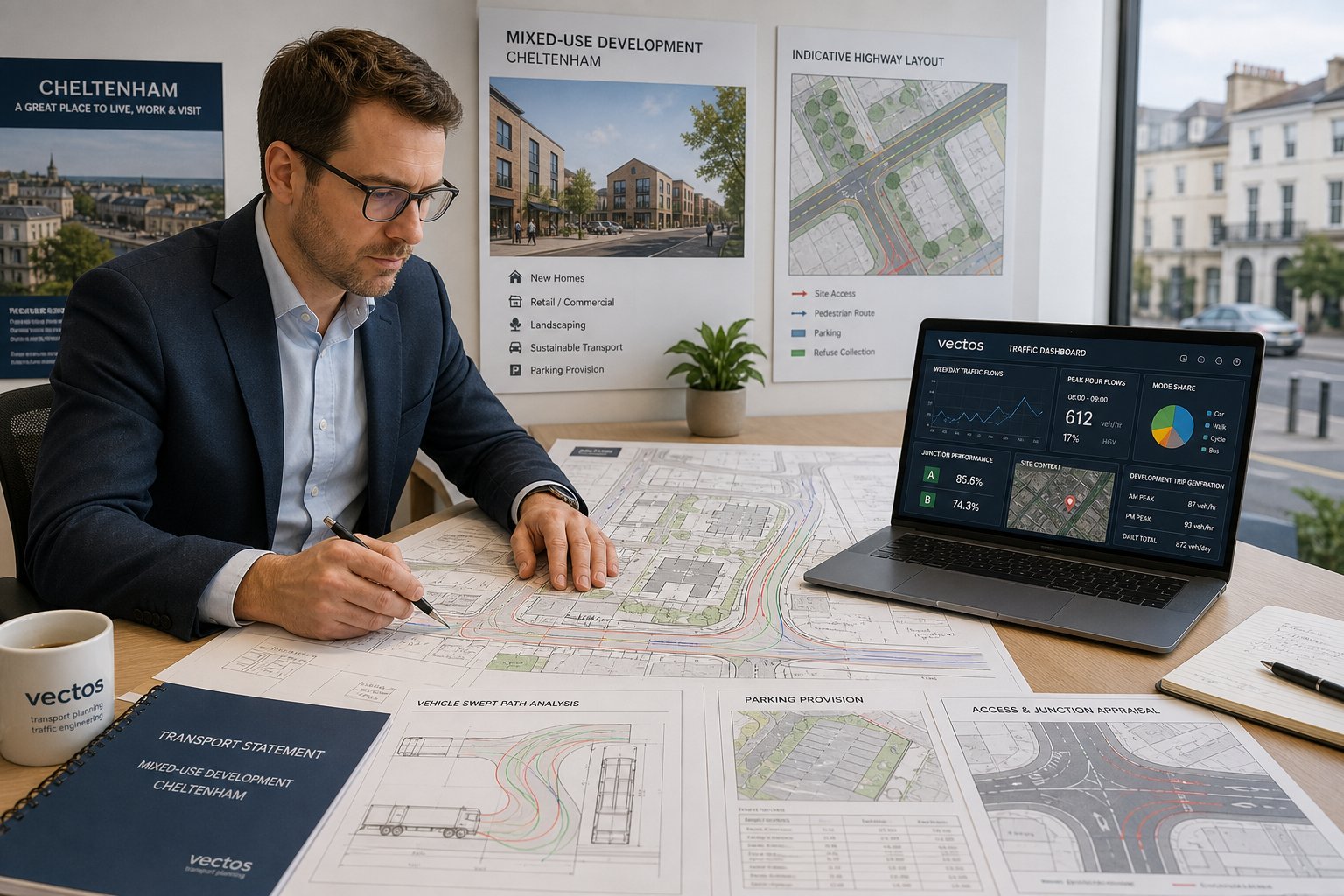 Traffic engineer reviewing development access and parking plans in a modern office.