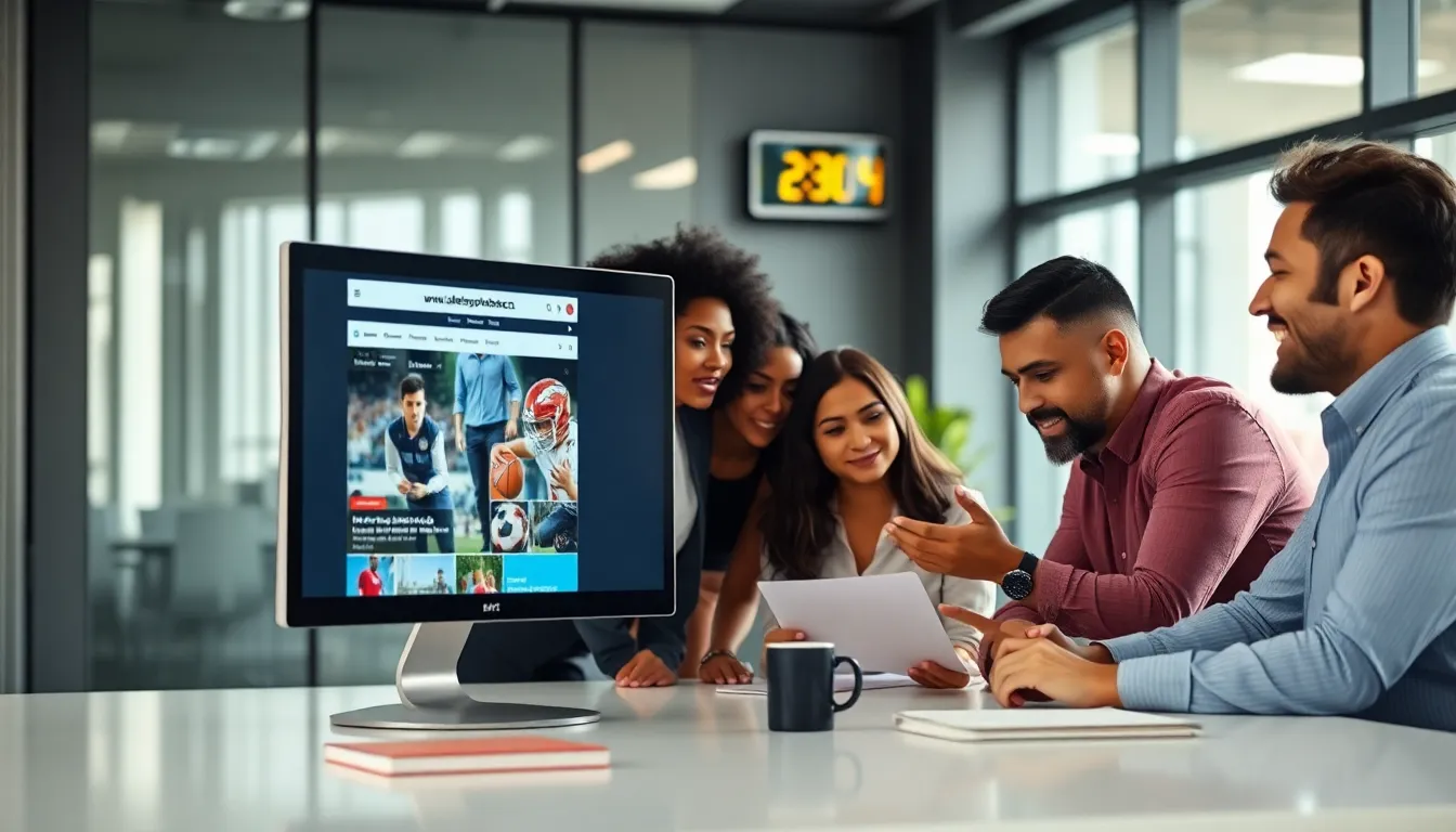diverse team discussing sports news in a modern office setting.