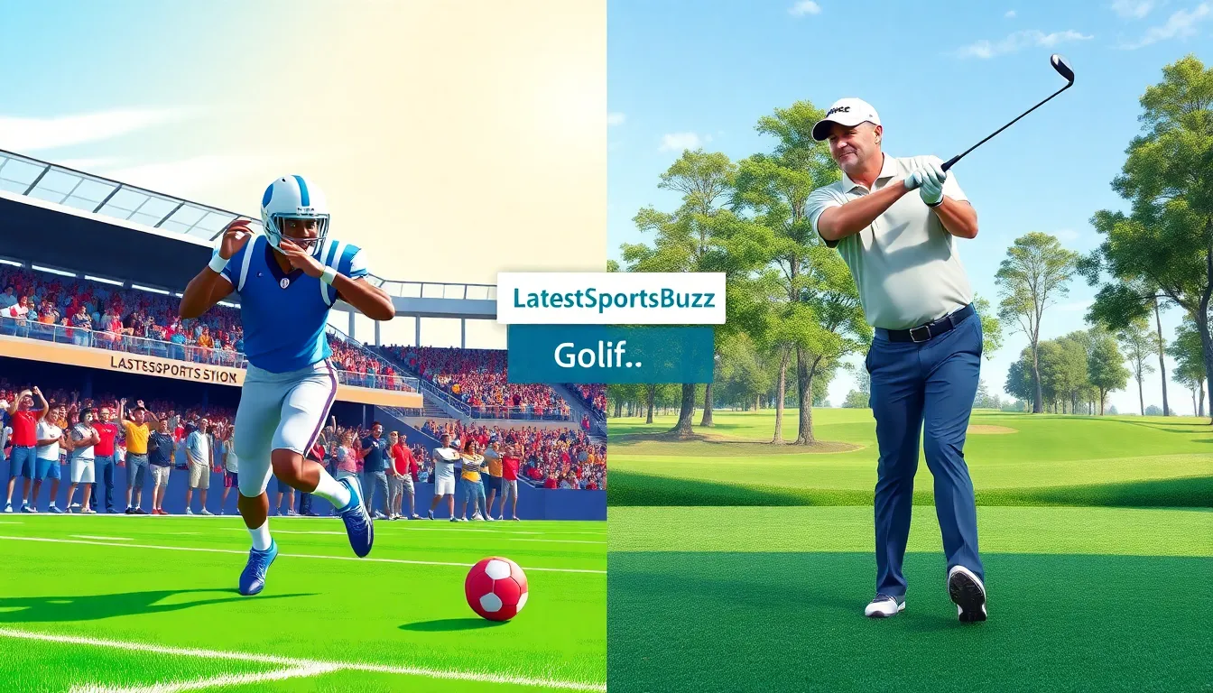 A football player in action beside a golfer preparing to swing.