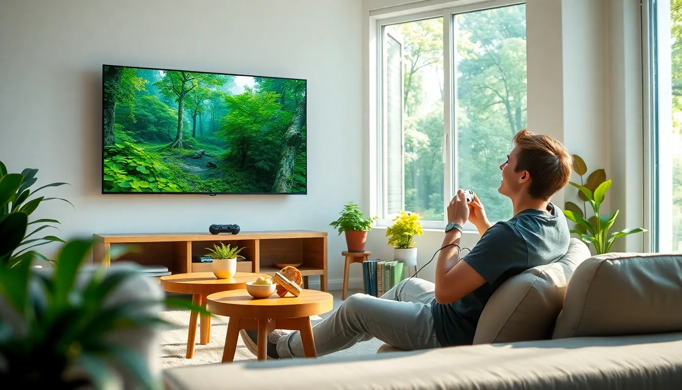 gamer in a cozy room playing a nature-themed video game.