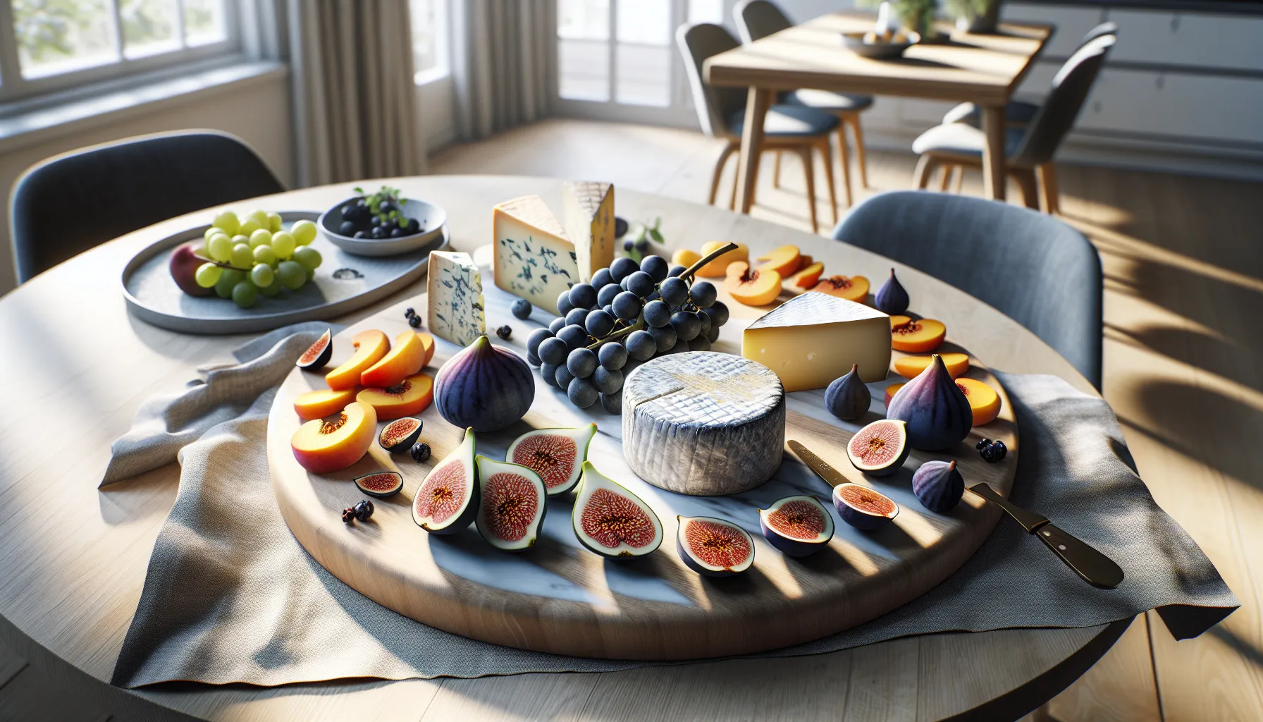 Overhead view of a norwegian cheese and ripe fruit board being thoughtfully paired.