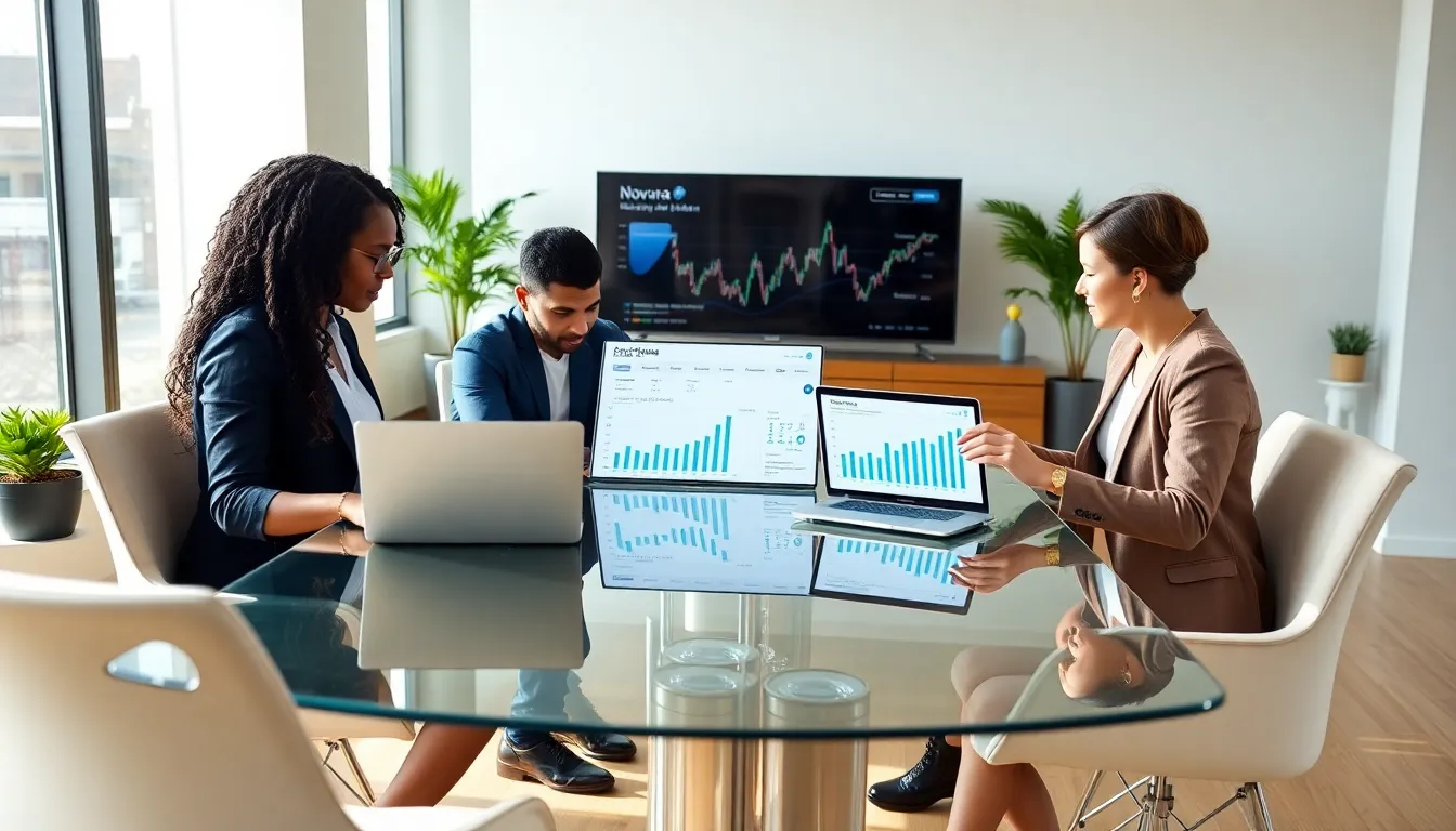 diverse team collaborating on financial planning in a modern office.