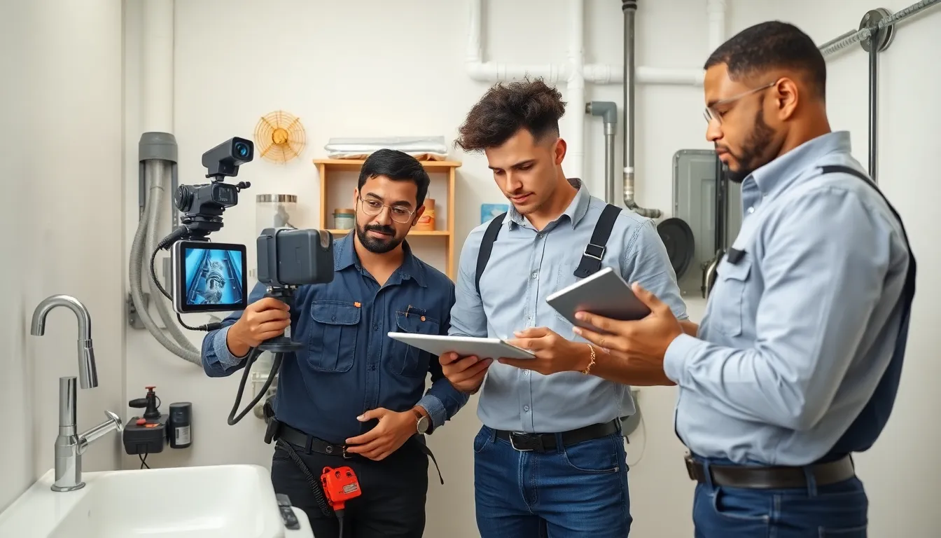 plumbing team inspecting a drainage system with modern tools in a clean workspace.