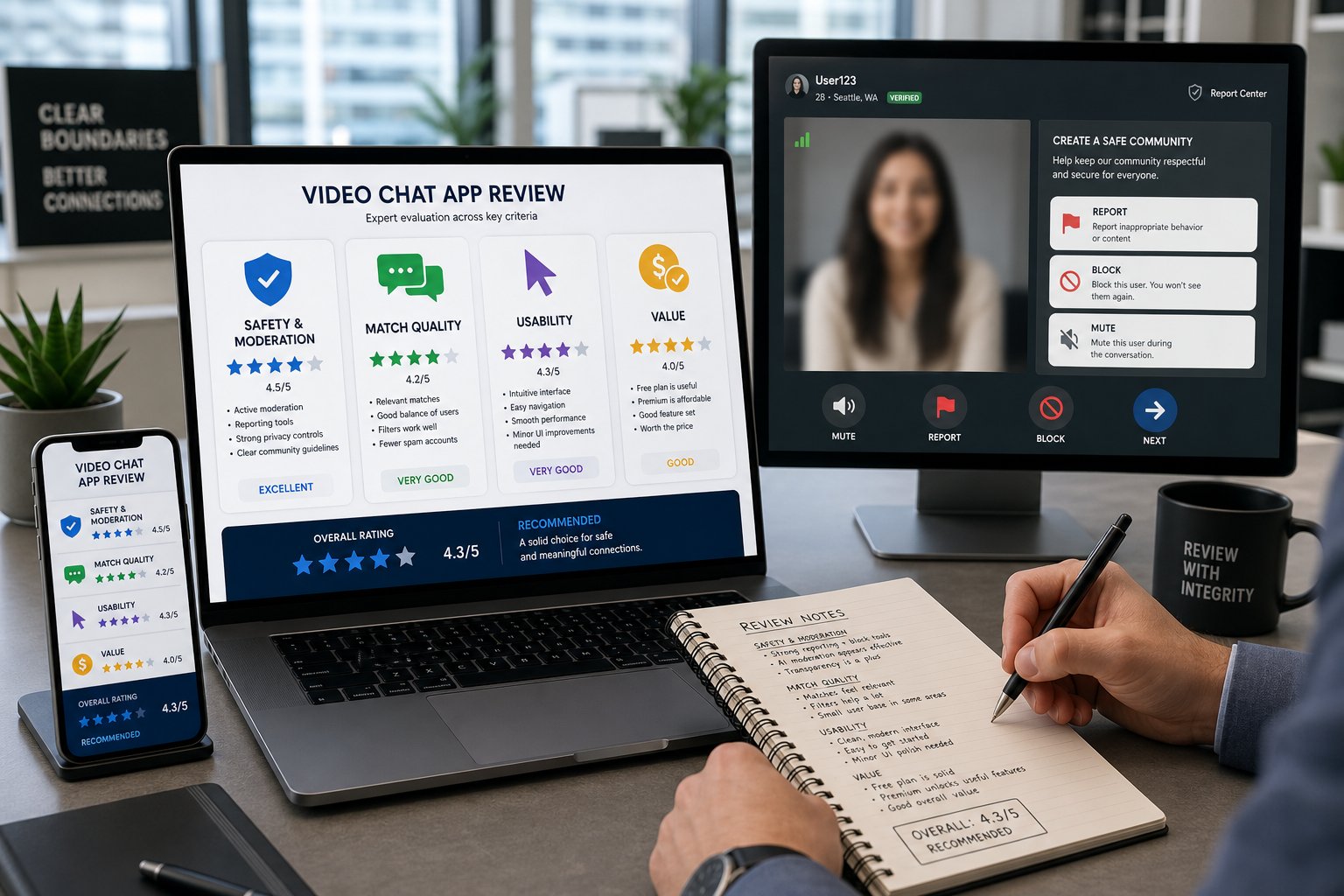 Laptop and phone showing video chat review criteria in a modern office.