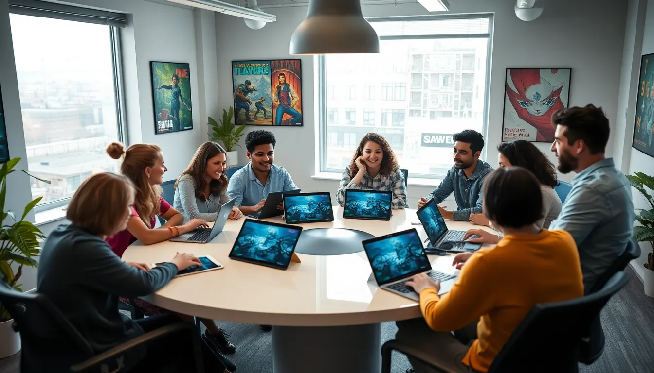 diverse game developers collaborating in a modern office.