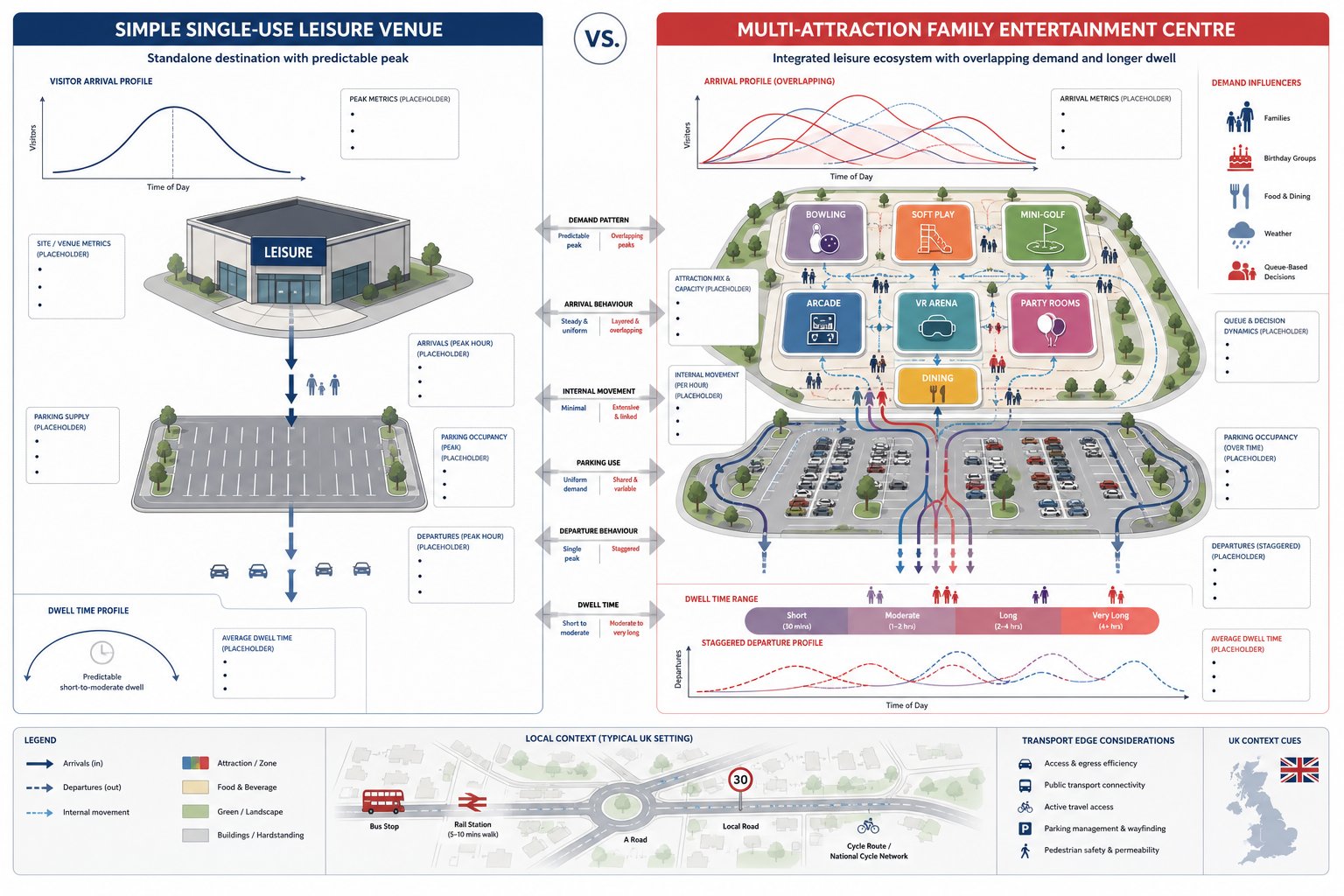 Comparison of single-use leisure site and multi-attraction family entertainment centre transport patterns.