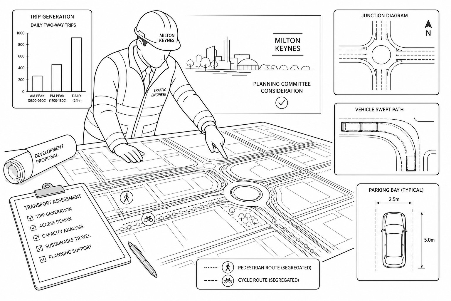 Traffic engineer reviewing a Milton Keynes road and junction site plan.