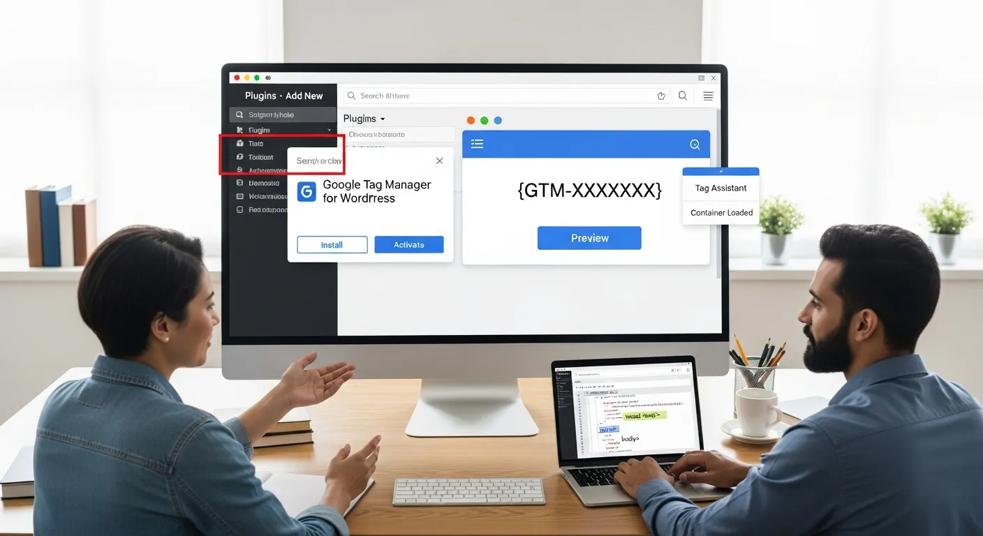 Marketer and developer configuring Google Tag Manager plugin in WordPress dashboard.