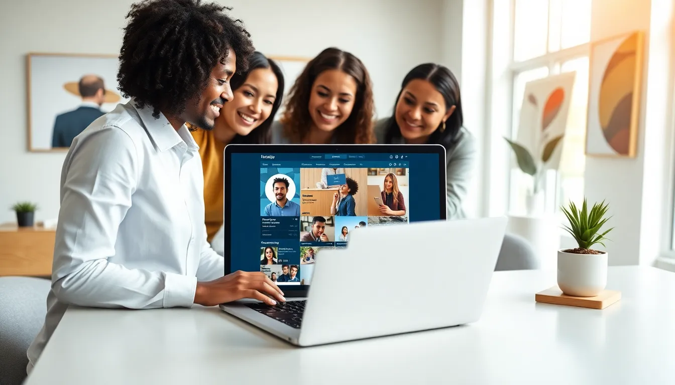 diverse professionals engaging with social media content in a modern office.