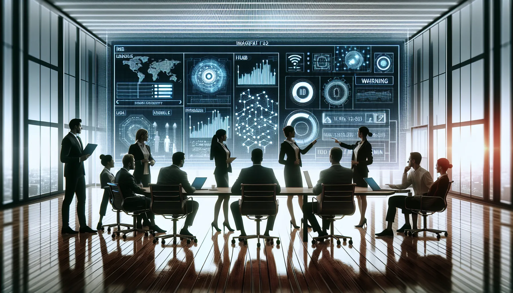 diverse team discussing network security in a modern office.