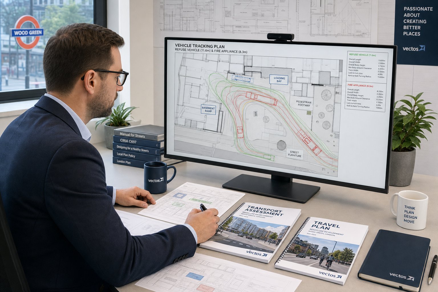 Traffic engineer reviewing transport reports and vehicle tracking plans in a modern office.