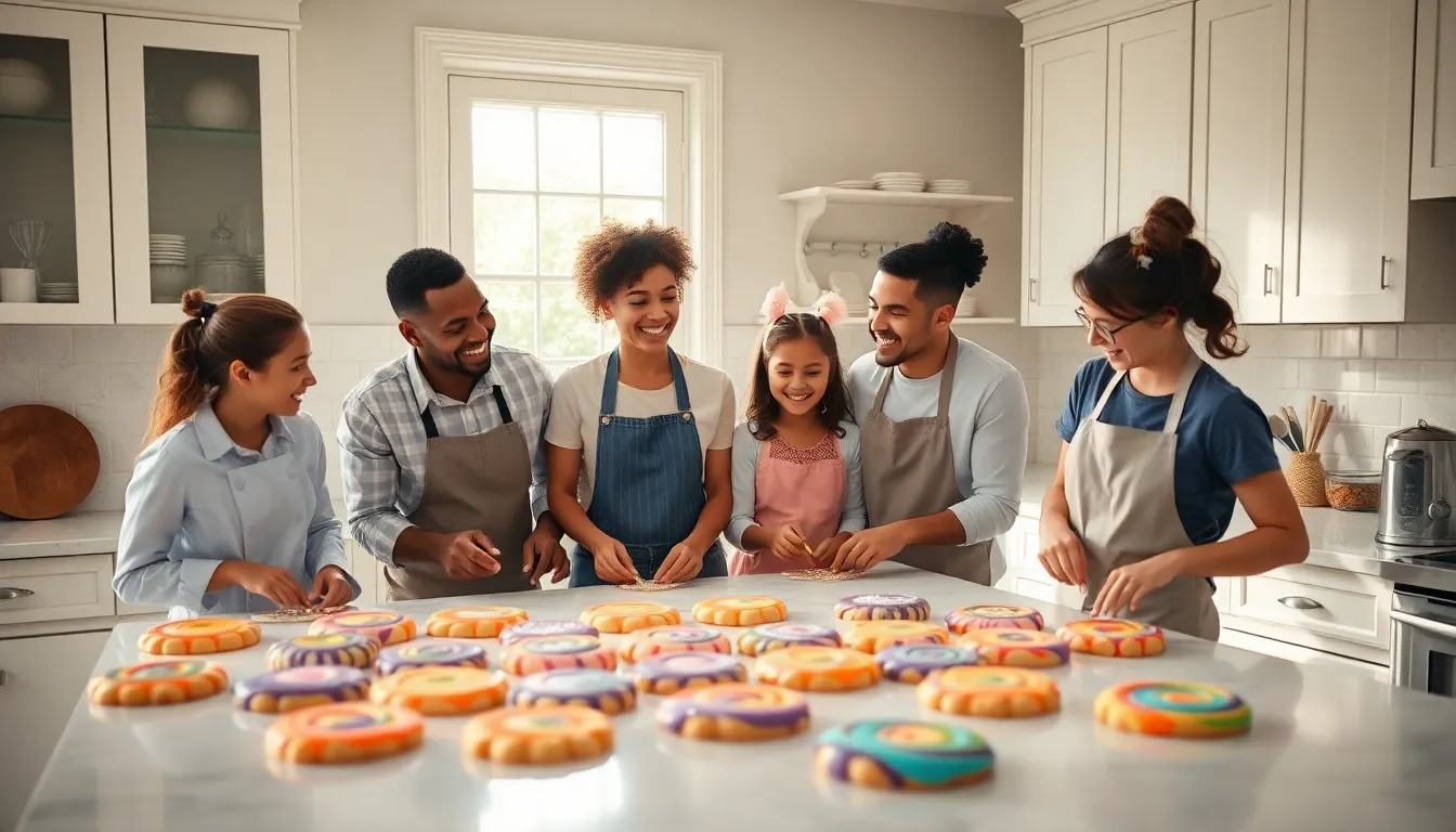 A family happily baking colorful nebula cookies in a cozy kitchen.