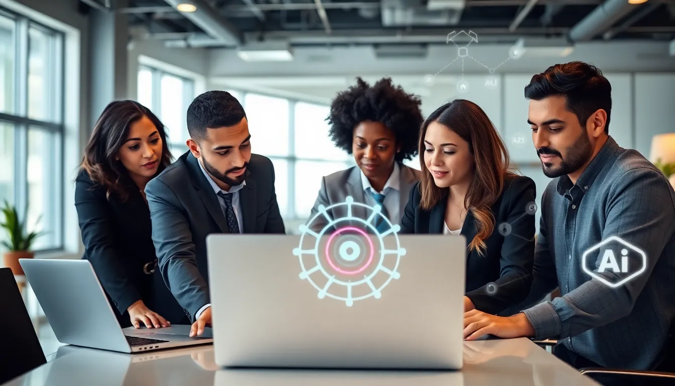 diverse team collaborating with Lenovo devices in a modern office.