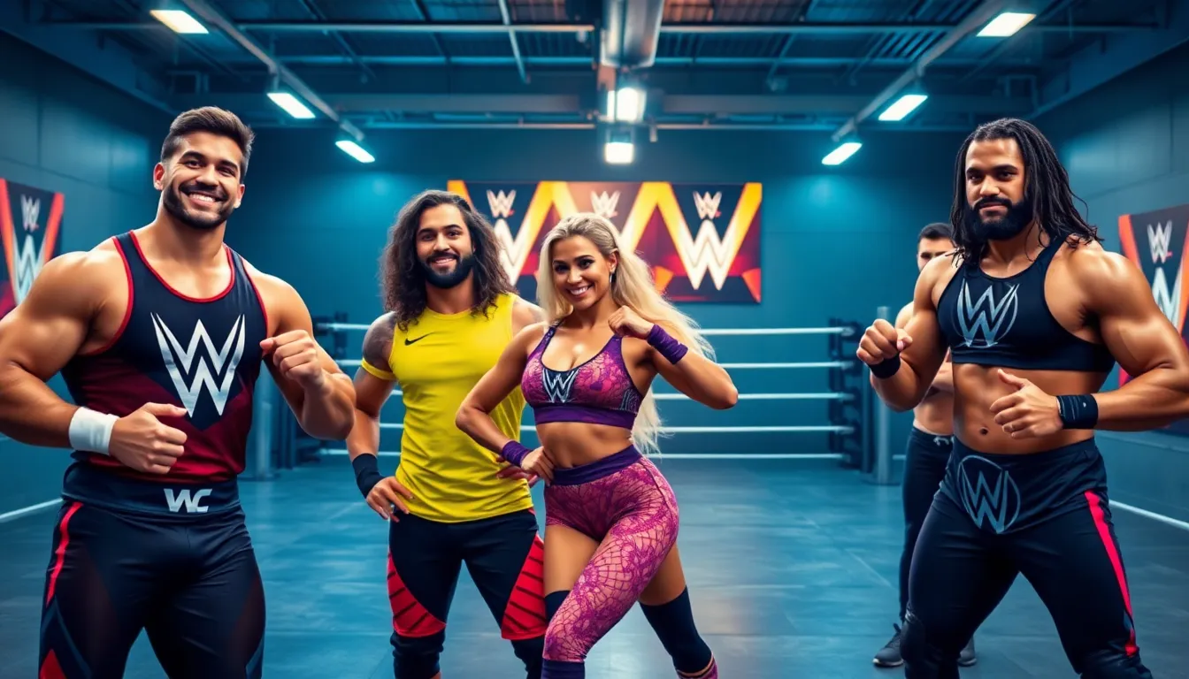 four emerging WWE wrestlers training in a modern gym.