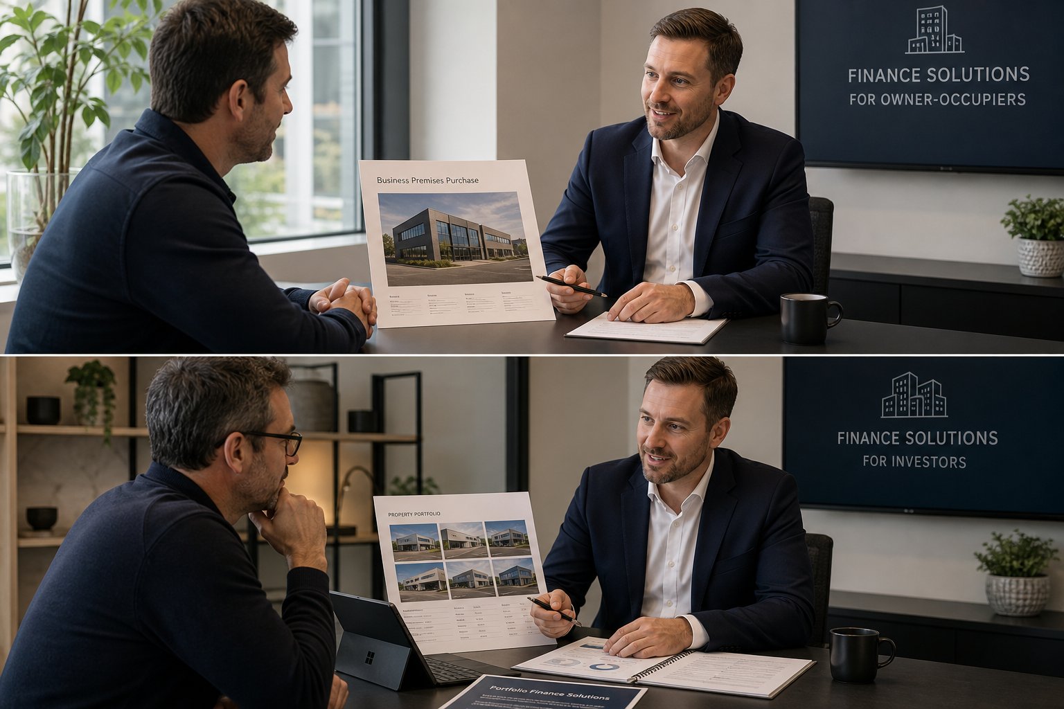 Adviser supporting both a business premises buyer and a property investor in a modern office.