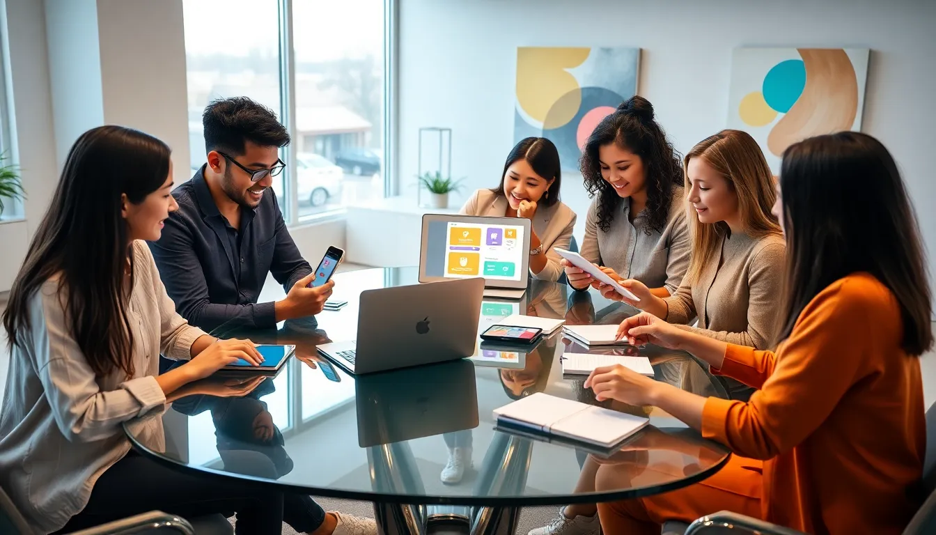 professionals collaborating on app development in a modern office.