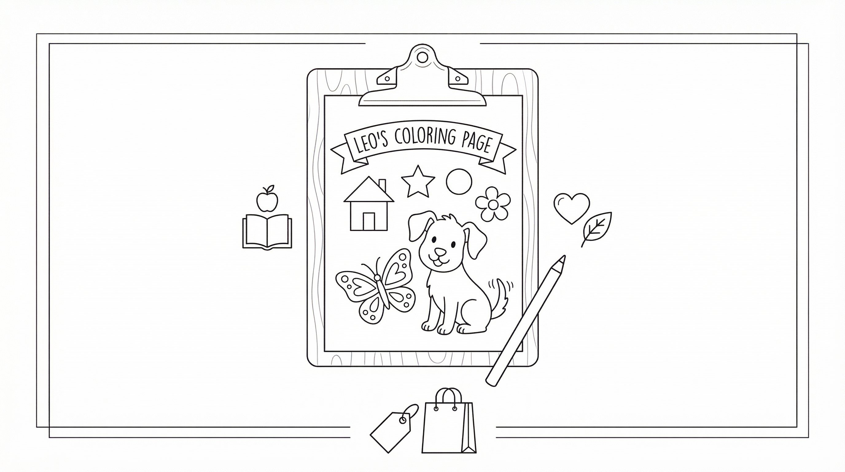 Personalized coloring page with simple icons for family, school, and creative use.