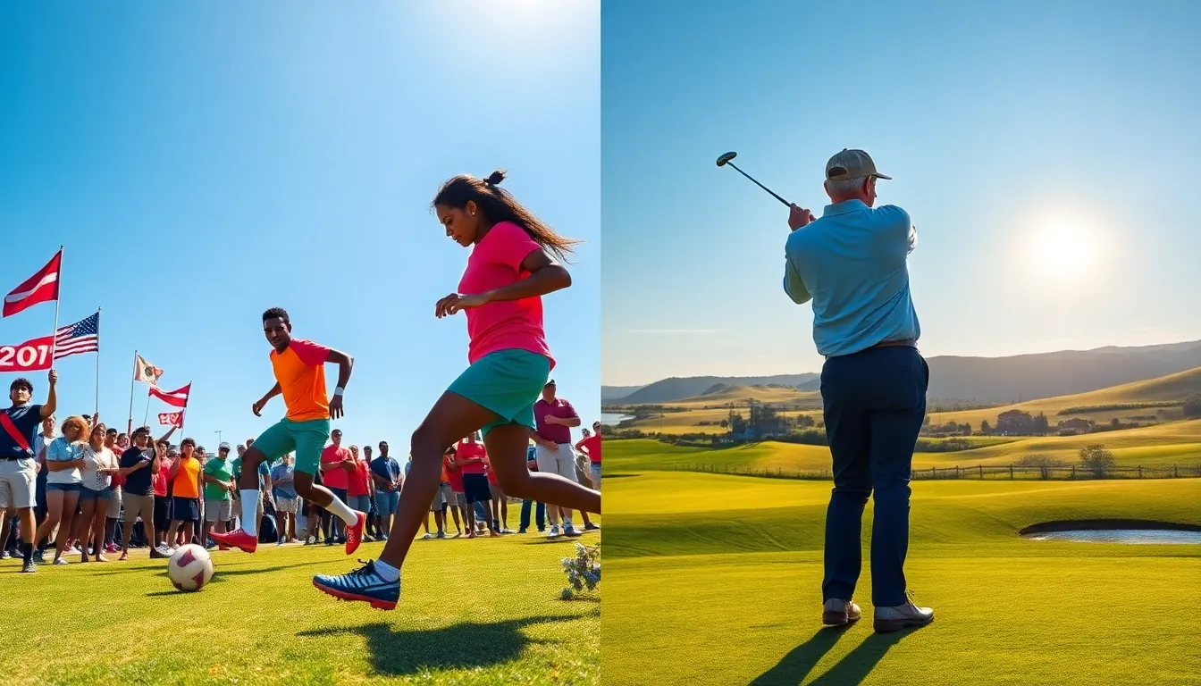 A football match and golf game contrasting under a sunny sky.