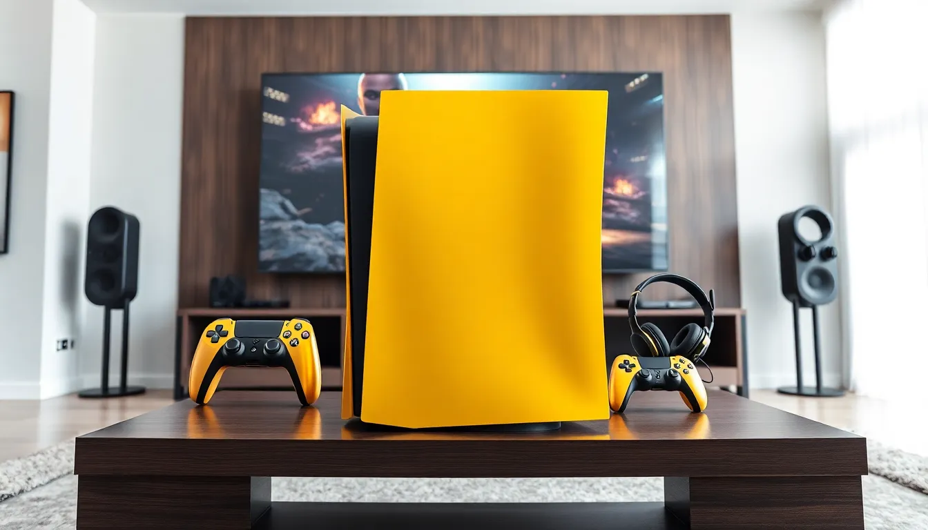 gold PlayStation 5 console in a modern gaming setup.