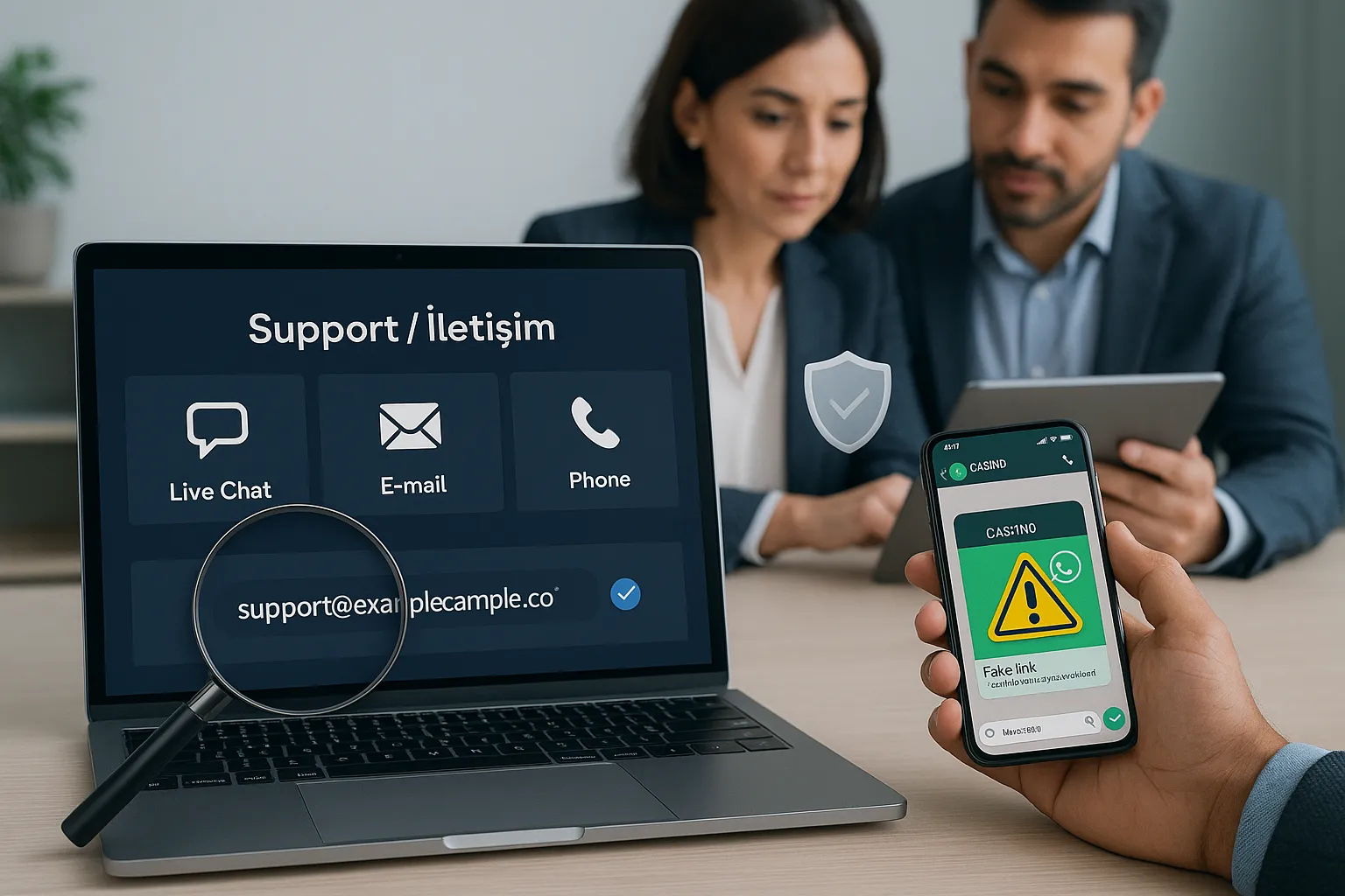 Laptop support page and phone with WhatsApp caution icon.